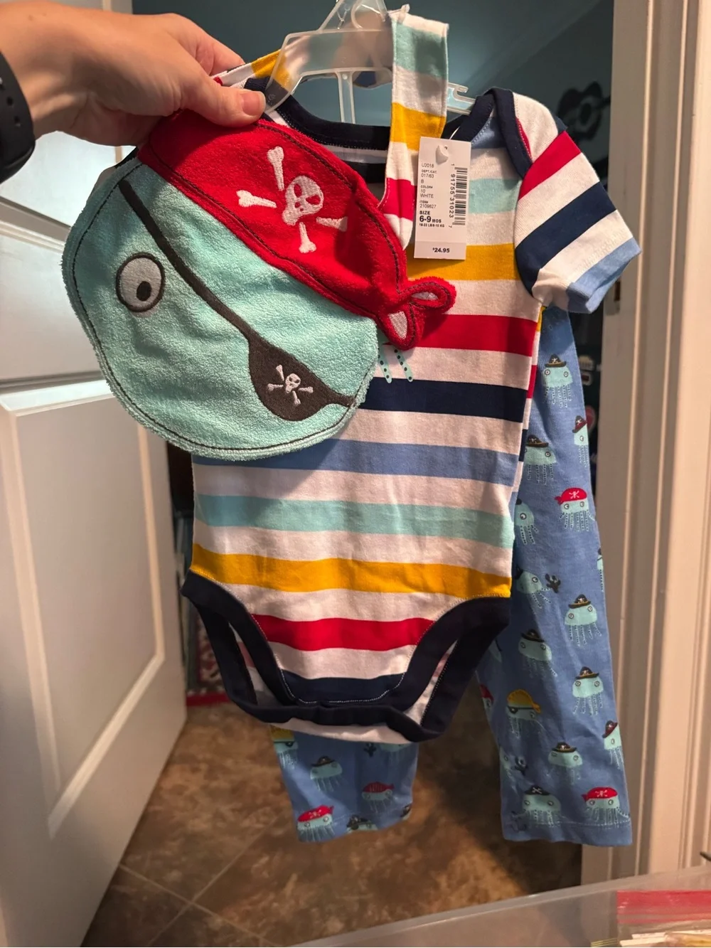 NWT 6-9 mth Striped Multi-Color Pirate outfit-  with Bib -